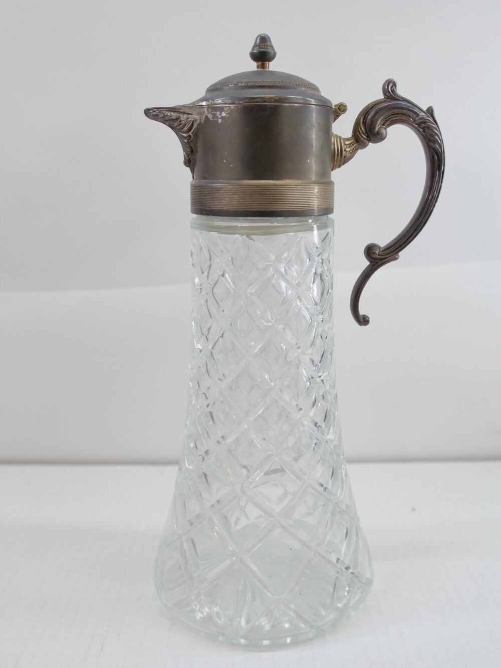 Vintage Glass Claret Carafe Pitcher Ewer Diamond Cut Silver Plate Lid Handle 14"